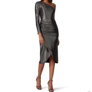 Metallic Grey Ruched Wrap Midi Skirt